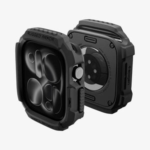 Apple Watch Series 12(42mm) Case Rugged Armor in Matte Black showing front and back angled views highlighting the protective frame, button coverage, and open sensor area