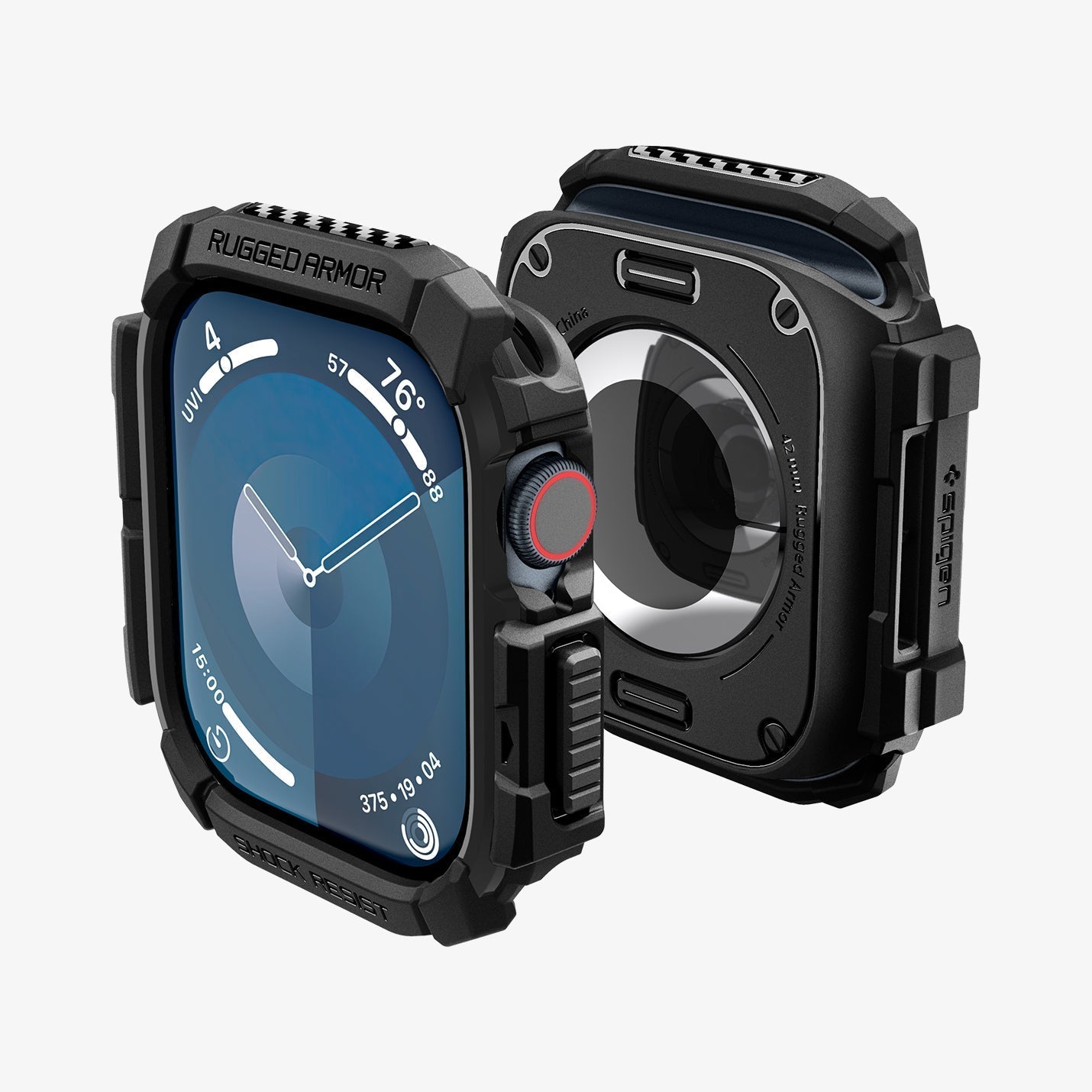 ACS08585 - Apple Watch Series 11 / 10 (42mm) Case Rugged Armor in Matte Black showing the front, back, partial sides and top