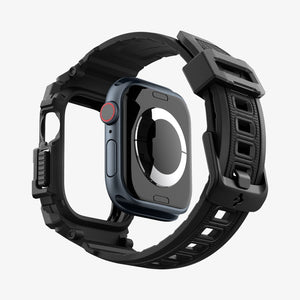 ACS08591 - Apple Watch Series 11 / 10 (42mm) Case Rugged Armor Pro in Matte Black showing the back, detached from the case, hovering under the band, showing inner side and back