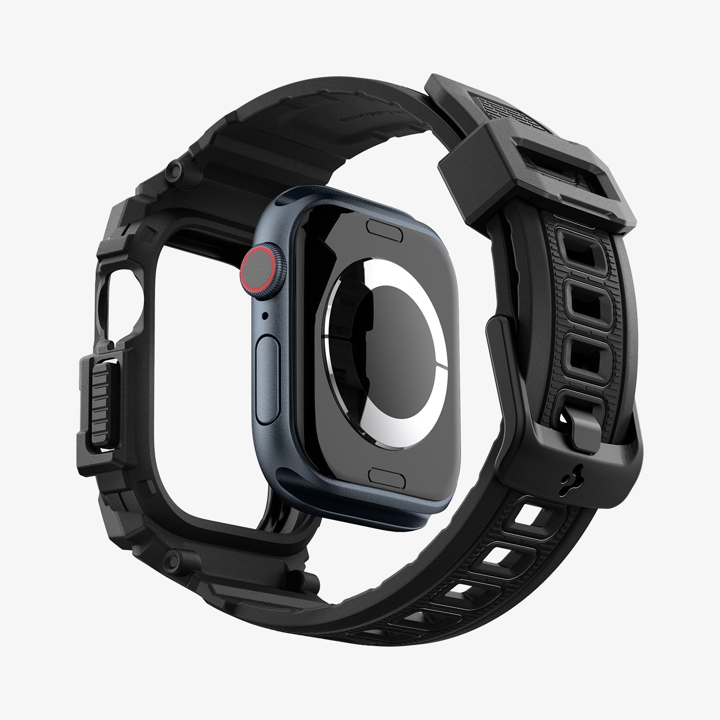 ACS08604 - Apple Watch Series 11 / 10 (46mm) Case Rugged Armor Pro in Matte Black showing the back, detached from the case, hovering under the band, showing inner side and back