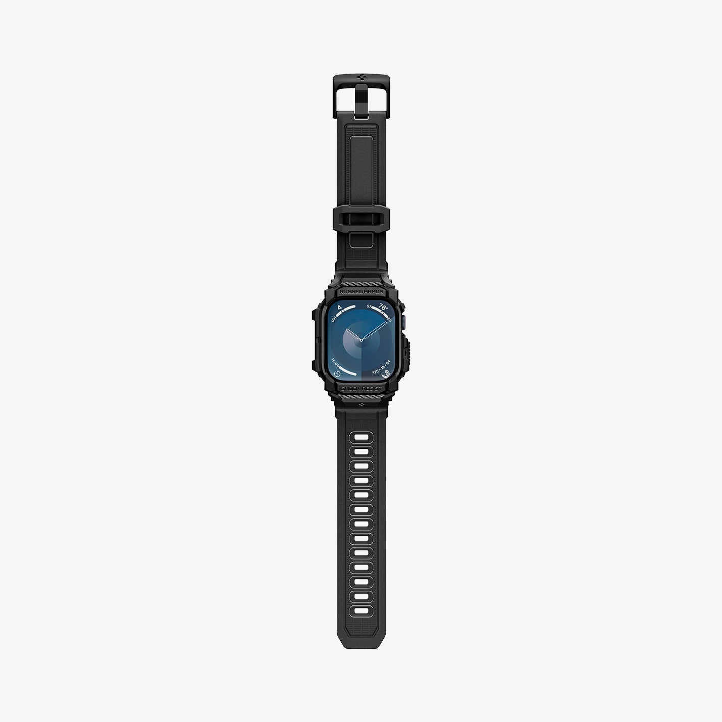 ACS08604 - Apple Watch Series 11 / 10 (46mm) Case Rugged Armor Pro in Matte Black showing the front, strap band laid flatly