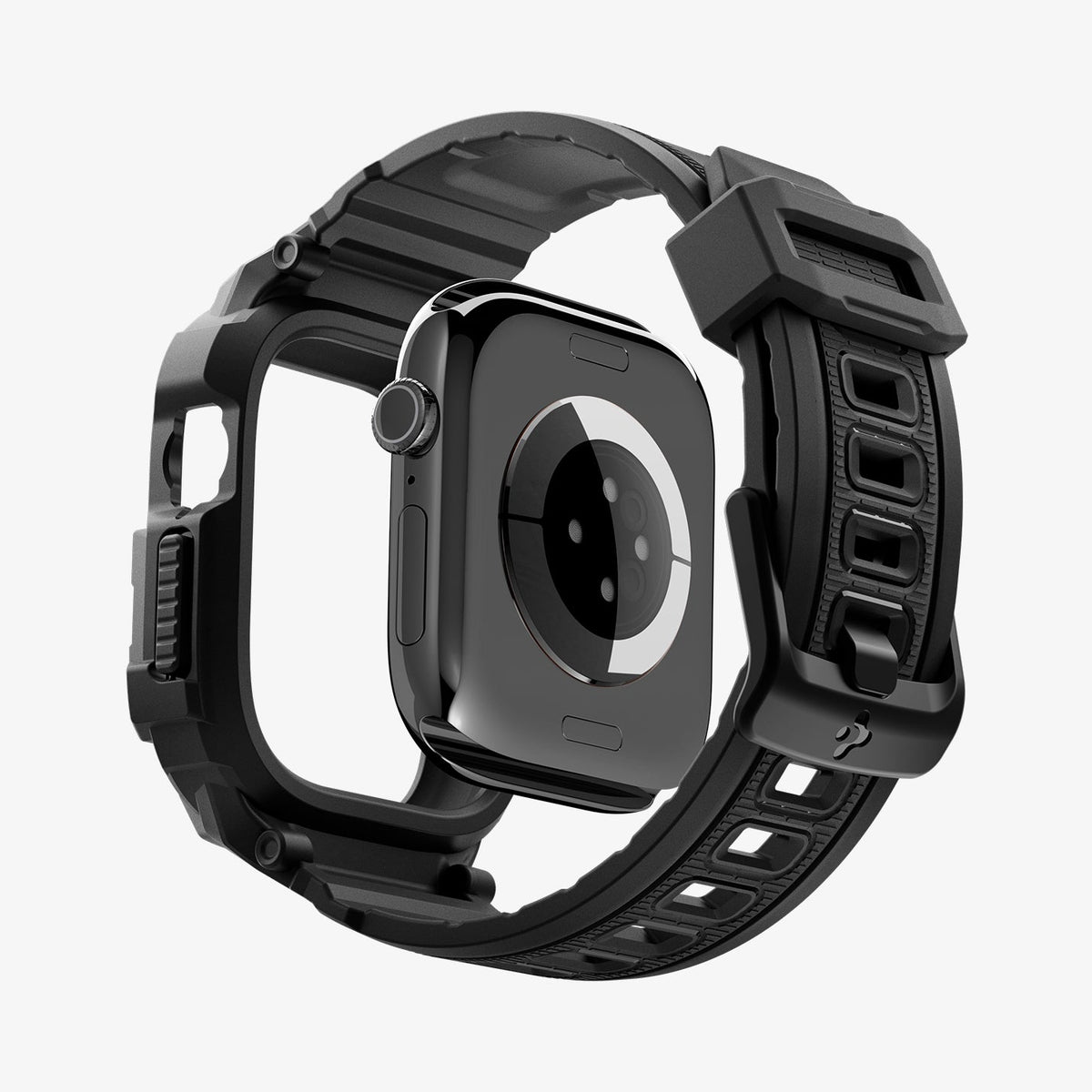 Apple Watch Series 12(42mm) Case Rugged Armor Pro in Matte Black showing an exploded view highlighting the integrated protective frame, band, and buckle design