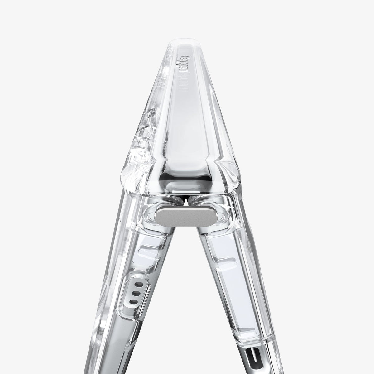 iPhone Duo Ultra Hybrid Pro (Mag Fit) in Clear White showing a close-up of the hinge structure designed for smooth folding