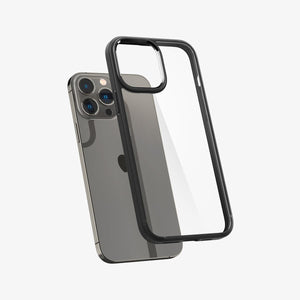 Spigen iPhone 13 Pro Max Case – Ultra Hybrid - Matte Black case hovering behind the device