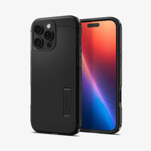 Spigen iPhone 16 Pro Tough Armor T AI MagFit case in Black - front and rear view with phone