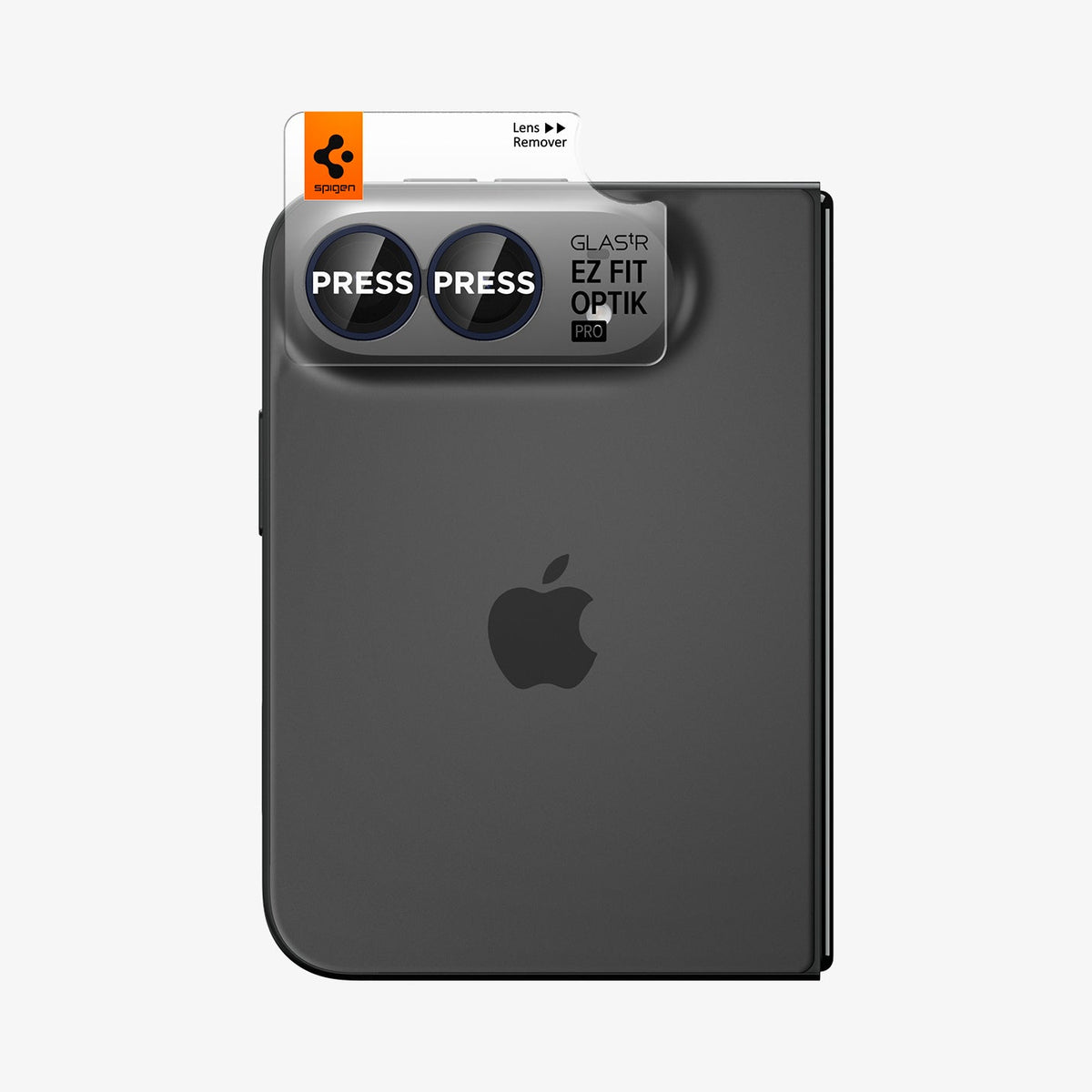 iPhone Duo Optik Pro EZ Fit Lens Protector in Black showing the EZ Fit Optik Pro alignment tray positioned over the dual camera lenses