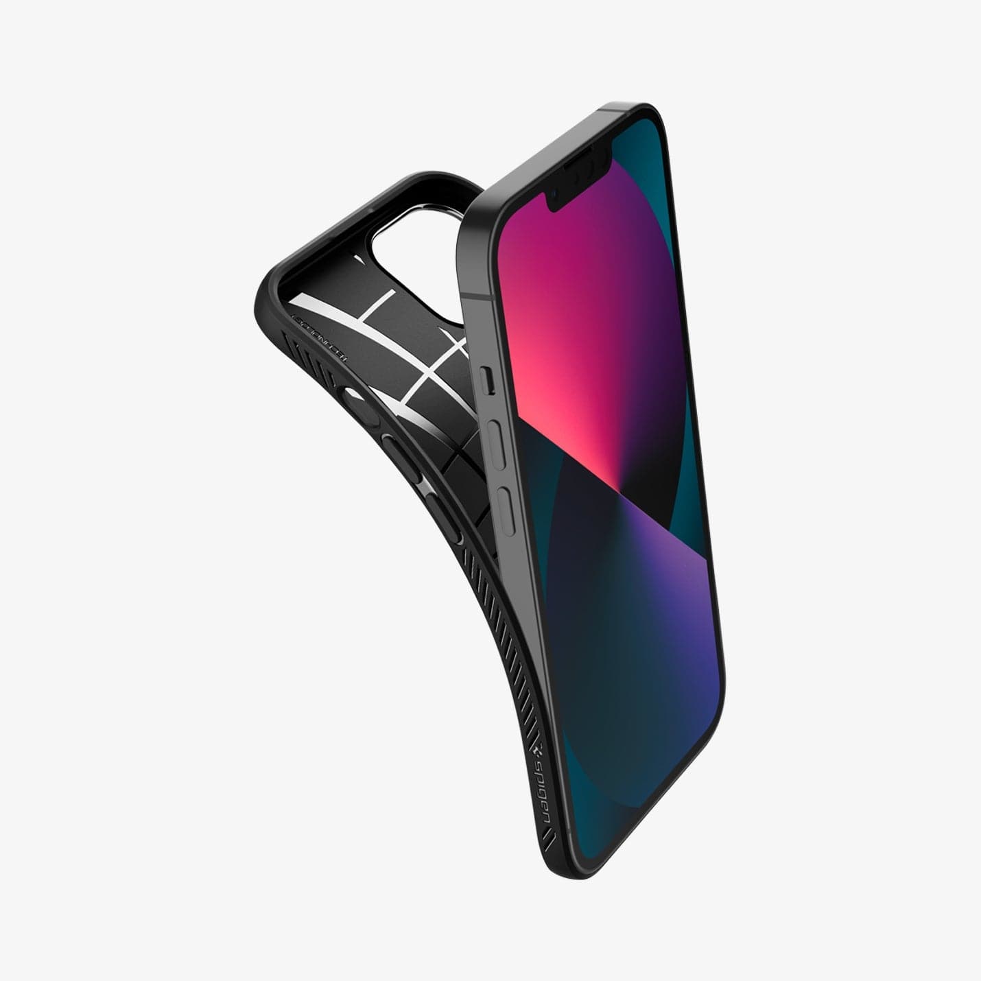 Spigen Liquid Air case for iPhone 13 mini in Matte Black – flexible case being fitted around the phone