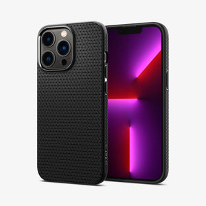 Spigen Liquid Air case for iPhone 13 Pro in Matte Black – front and back views