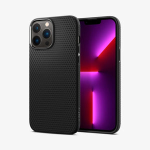 Spigen Liquid Air case for iPhone 13 Pro Max in Matte Black – front and back views