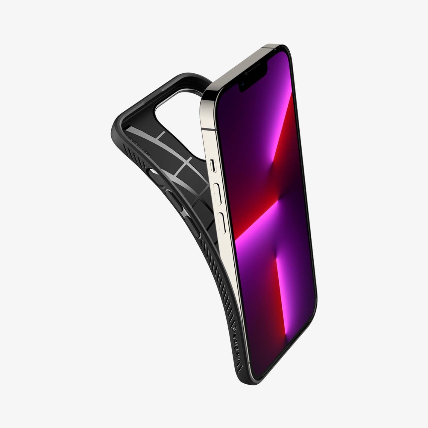 Spigen Liquid Air case for iPhone 13 Pro in Matte Black – flexible case being fitted around the phone