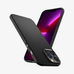 Spigen Liquid Air case for iPhone 13 Pro Max in Matte Black – angled front and back views
