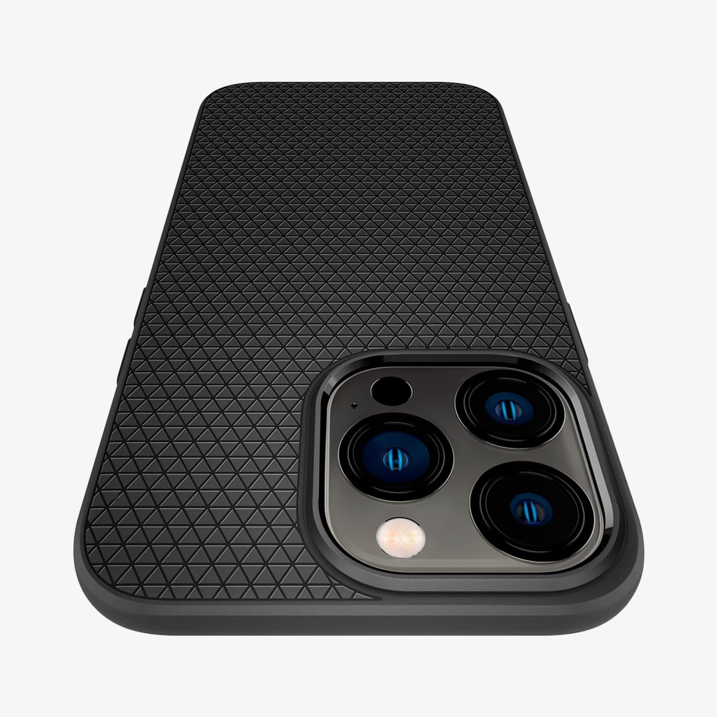 Spigen Liquid Air case for iPhone 13 Pro in Matte Black – camera cutout close-up