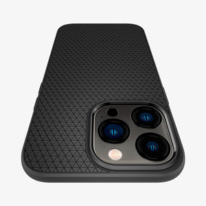 Spigen Liquid Air case for iPhone 13 Pro in Matte Black – camera cutout close-up