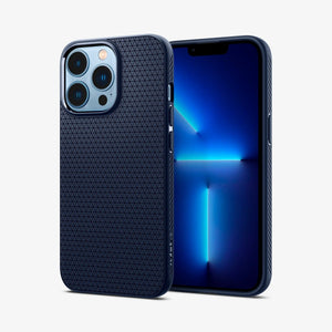 Spigen Liquid Air case for iPhone 13 Pro in Navy Blue – front and back views