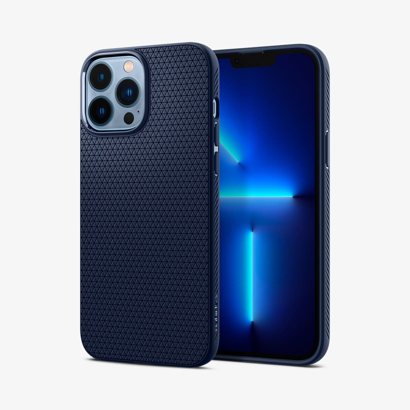 Spigen Liquid Air case for iPhone 13 Pro Max in Navy Blue – front and back views
