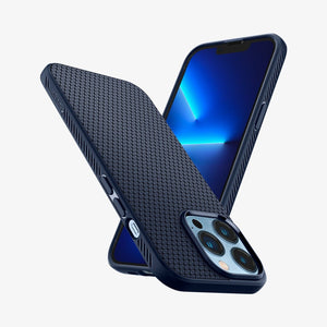 Spigen Liquid Air case for iPhone 13 Pro in Navy Blue – angled front and back views