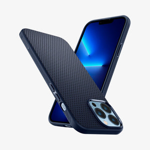 Spigen Liquid Air case for iPhone 13 Pro Max in Navy Blue – angled front and back views
