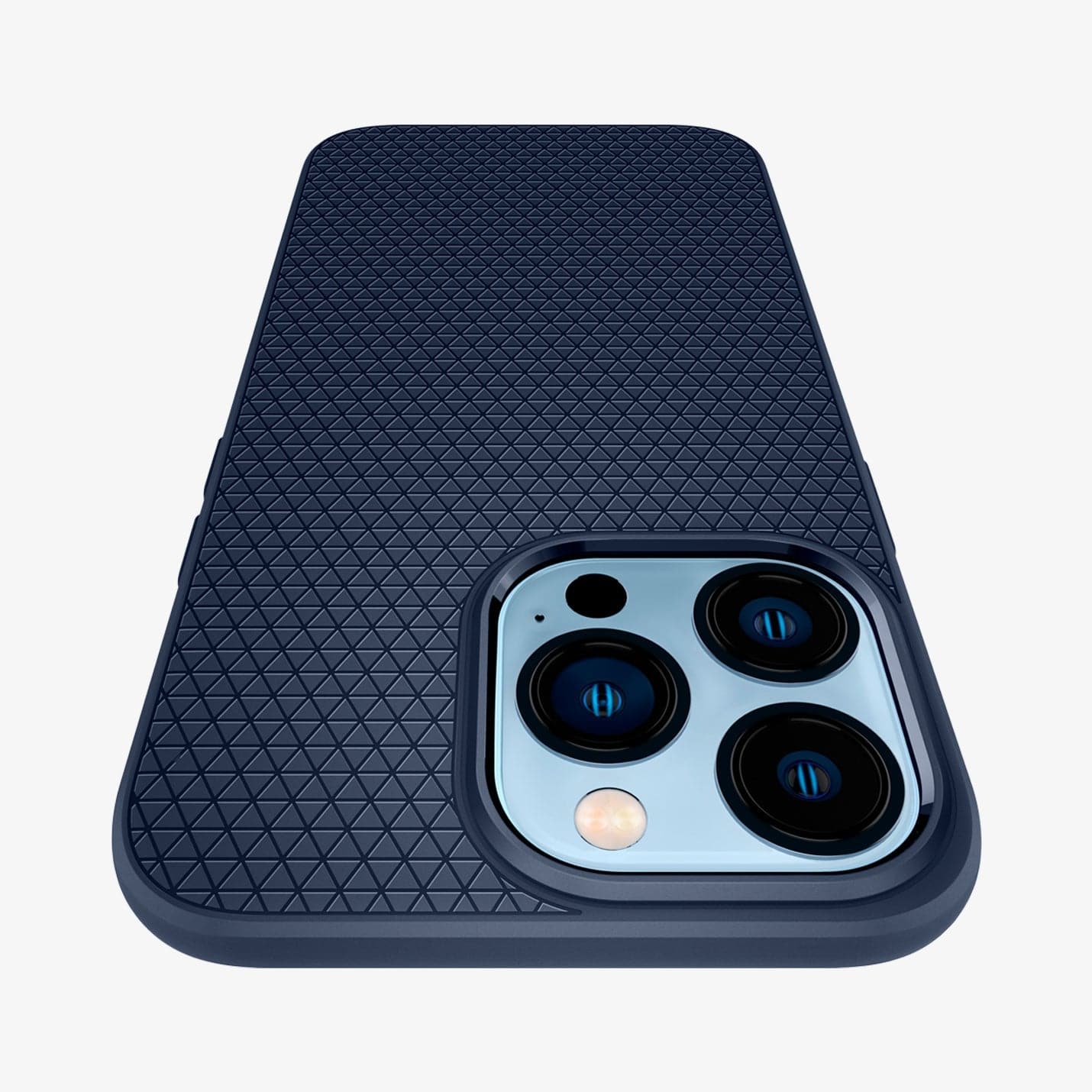 Spigen Liquid Air case for iPhone 13 Pro in Navy Blue – camera cutout close-up