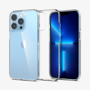 Spigen iPhone 13 Pro Max Case – Liquid Crystal – front, rear, and empty-case views