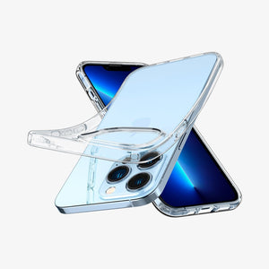 Spigen iPhone 13 Pro Max Case – Liquid Crystal – flexible clear TPU case bent away from the phone