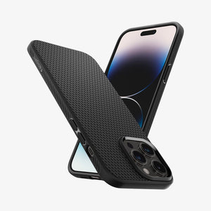 Spigen iPhone 14 Pro Case – Liquid Air - Matte Black - back, side and front views