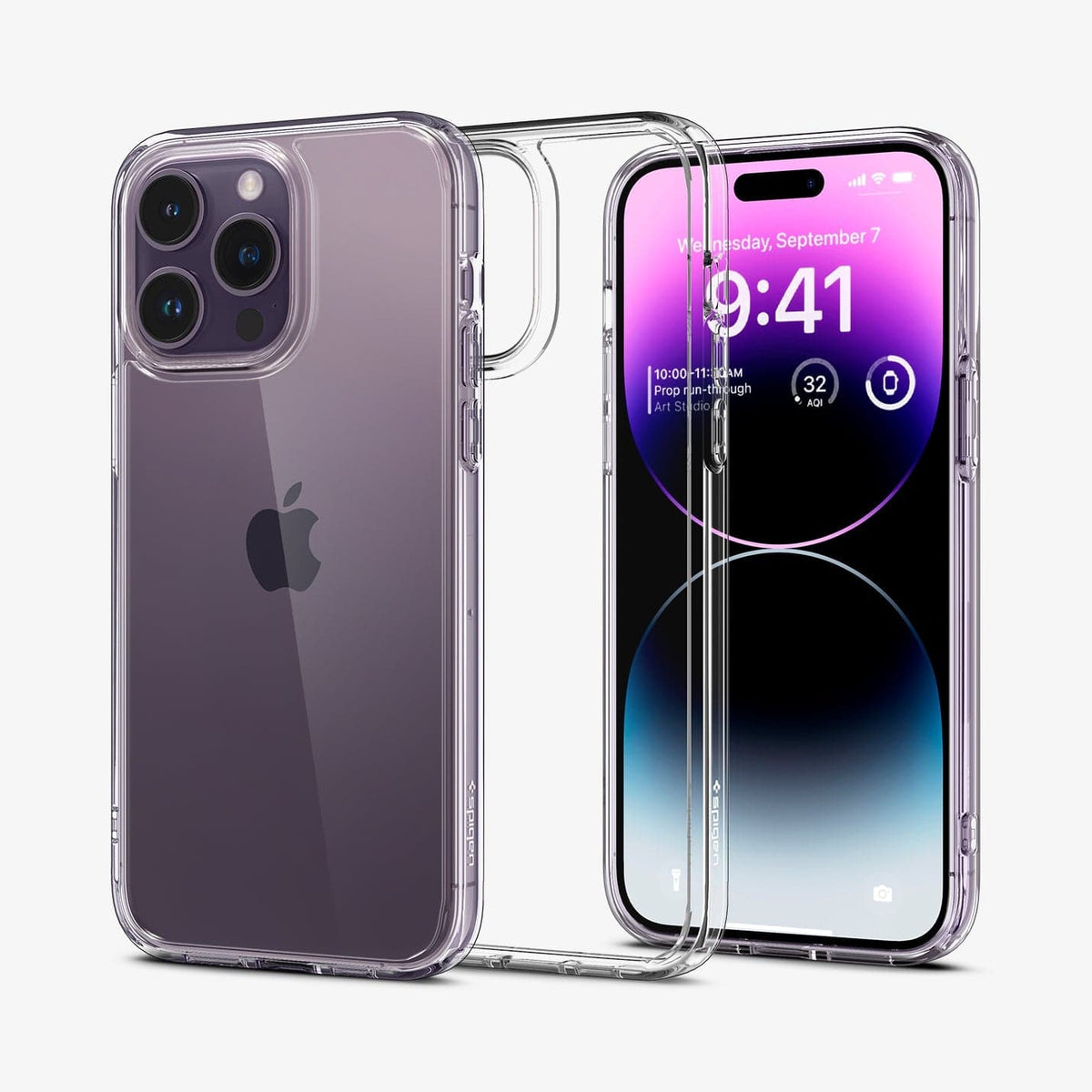 Spigen iPhone 14 Pro Max Case – Ultra Hybrid in Crystal Clear – front, back, and empty-case views