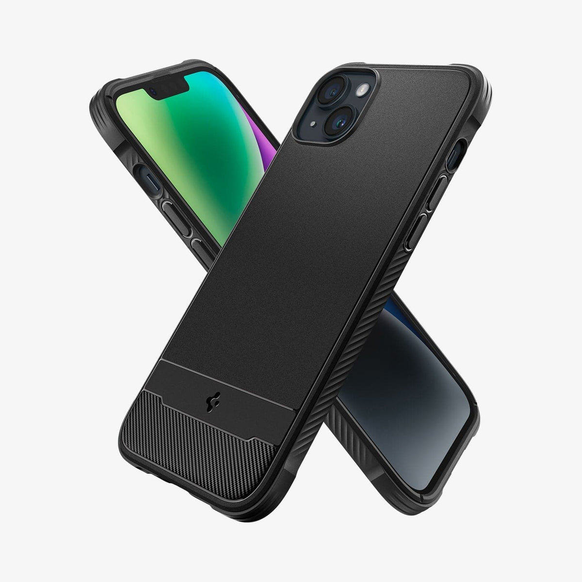 Spigen iPhone 14 / 13 Case – Rugged Armor (MagFit) in Matte Black – angled front and back views