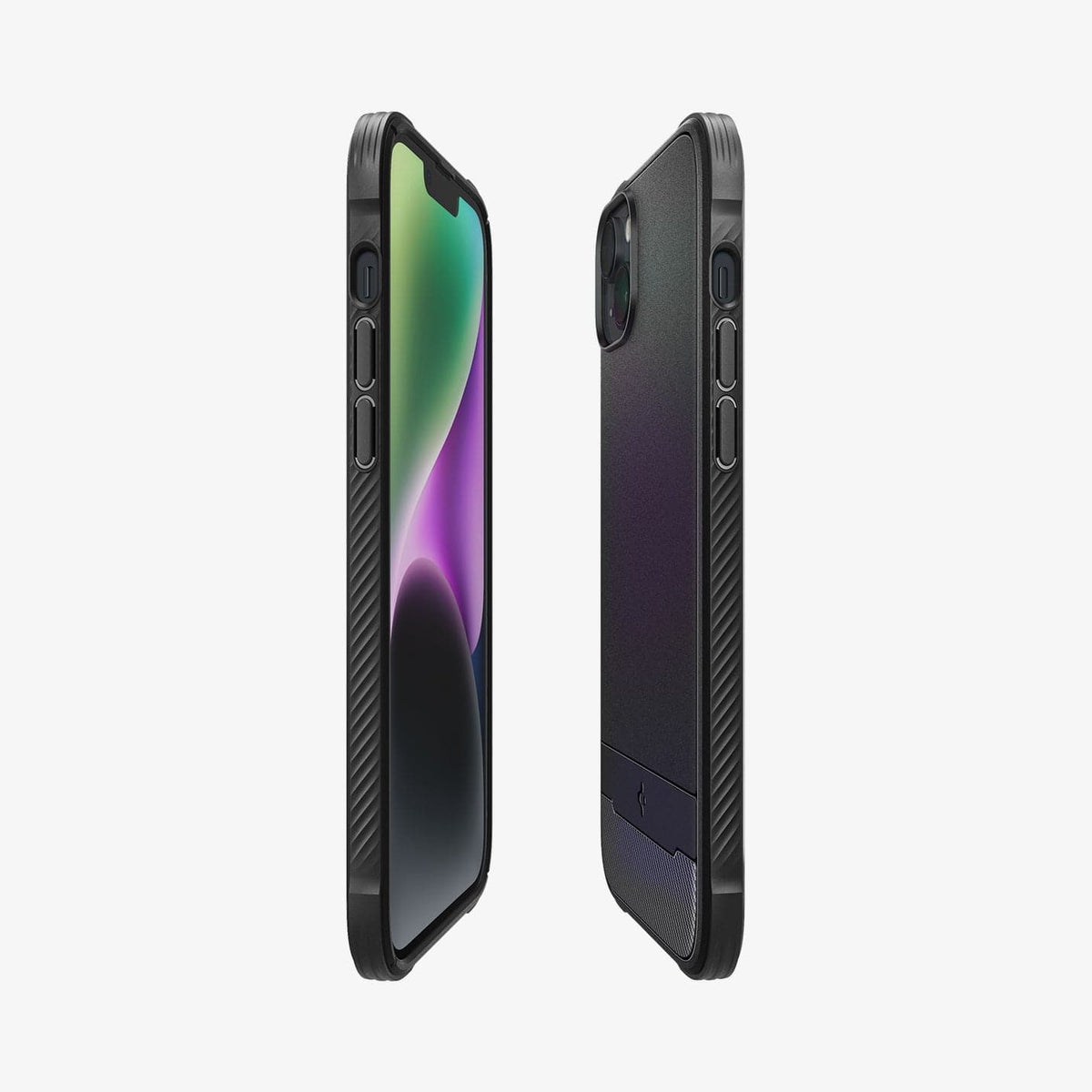 Spigen iPhone 14 / 13 Case – Rugged Armor (MagFit) in Matte Black – left and right side profiles