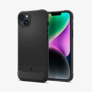 Spigen iPhone 14 / 13 Case – Rugged Armor (MagFit) in Matte Black – front and back views