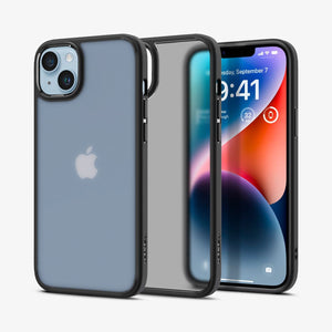 Spigen iPhone 14 Plus Case – Ultra Hybrid Matte in Frost Black – front and back views