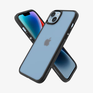 Spigen iPhone 14 Plus Case – Ultra Hybrid Matte in Frost Black – front, back, and side views