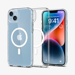 Spigen iPhone 14 Plus Case – Ultra Hybrid (MagFit) in White – front, back, and interior views