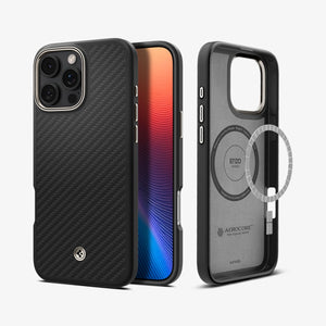 Spigen Enzo Aramid MagFit case in Black Natural for iPhone 16 Pro - front rear and magnetic plate views