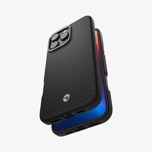 Spigen Enzo Aramid MagFit case in Black Natural for iPhone 16 Pro - rear side and bottom views