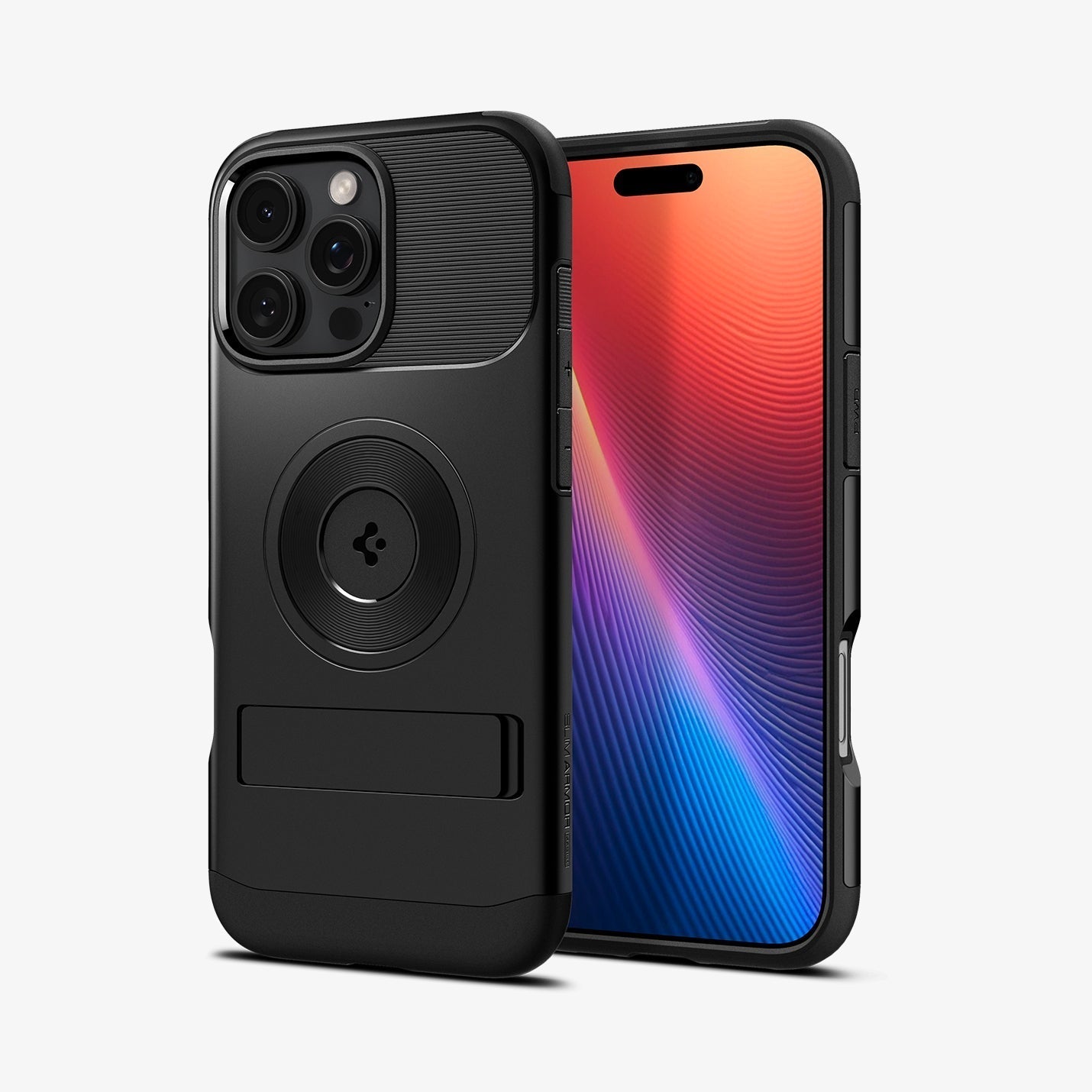 Spigen iPhone 16 Pro Slim Armor MagFit case in Black - front and rear three-quarter view