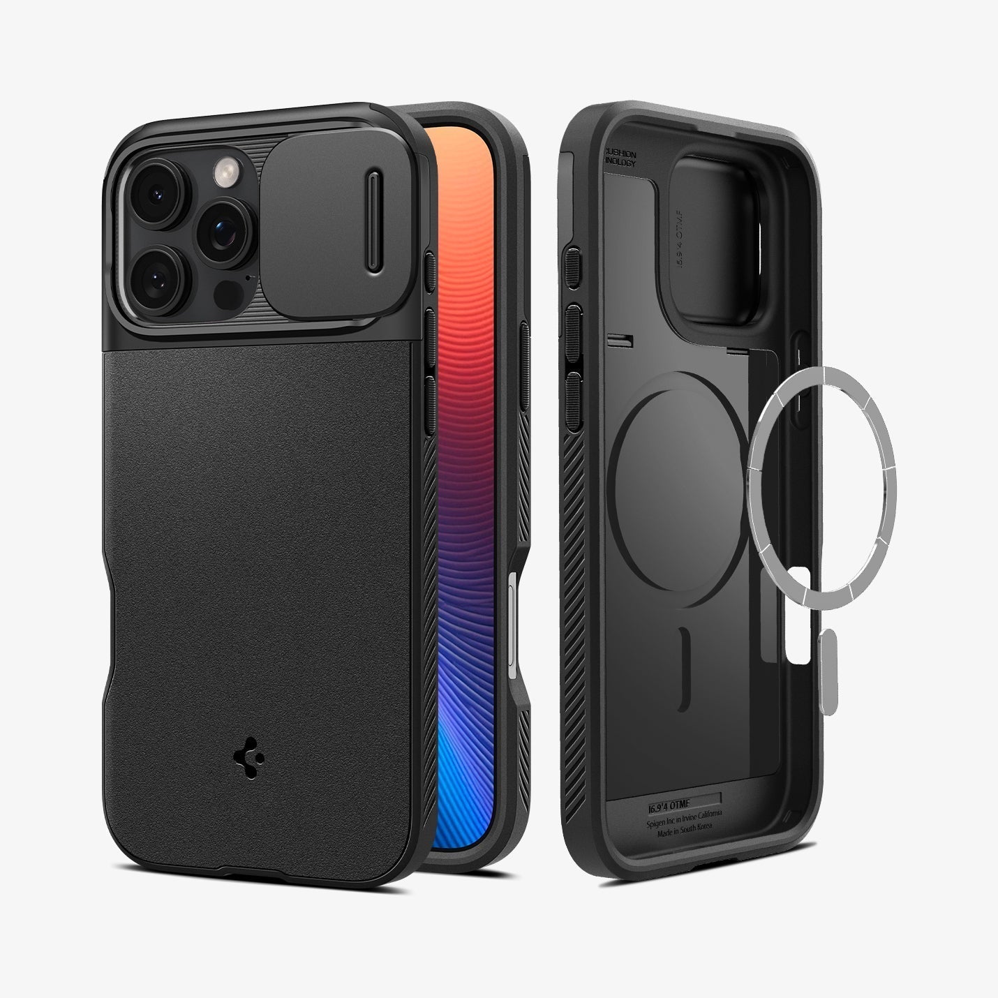 Spigen iPhone 16 Pro Case – Optik Armor MagFit in Black – front, rear, and interior views with the magnetic ring