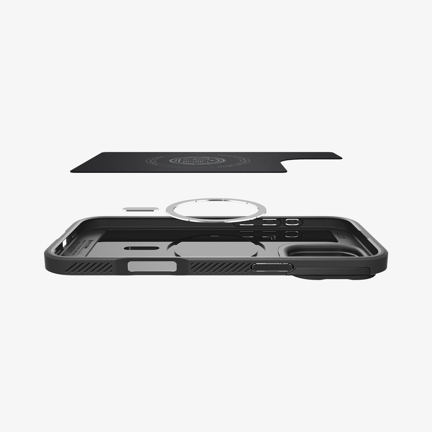 Spigen iPhone 16 Pro Case – Optik Armor MagFit in Black – exploded view of the back panel, magnetic ring, and case interior