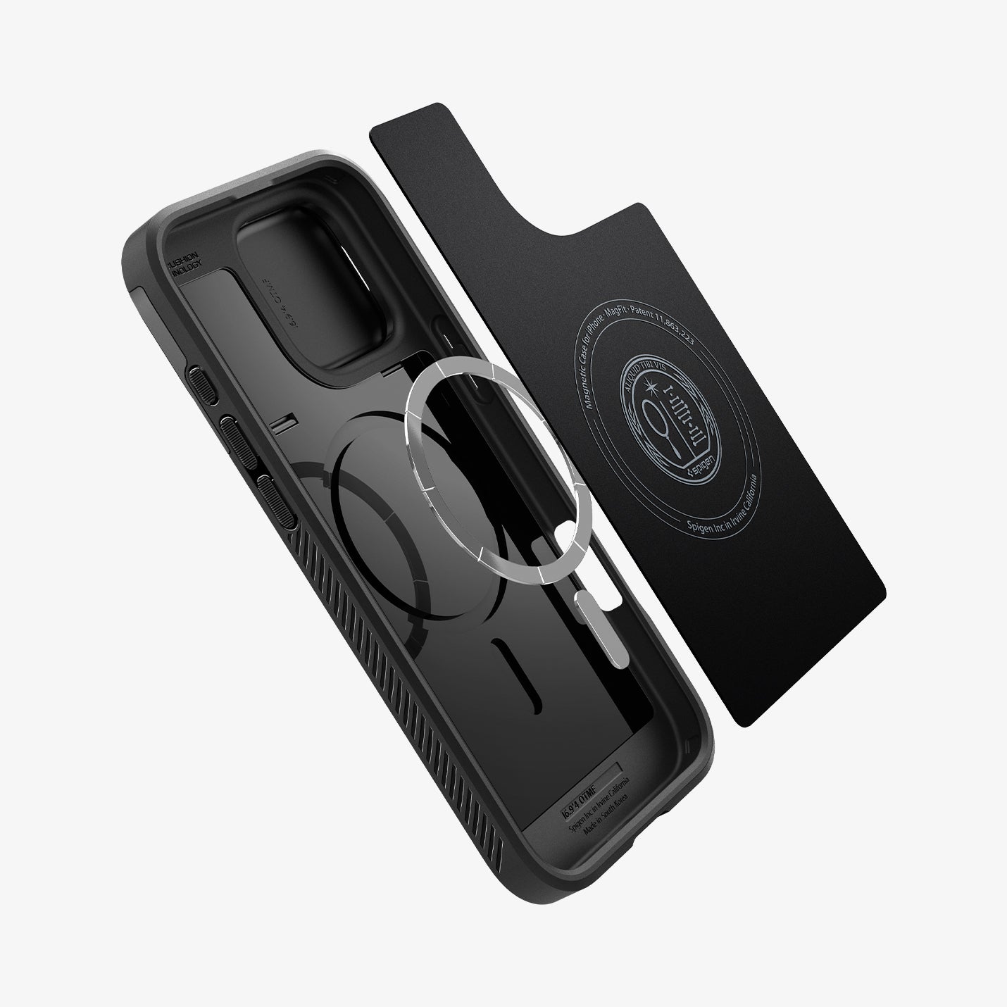 Spigen iPhone 16 Pro Case – Optik Armor MagFit in Black – interior view with the magnetic ring and back panel