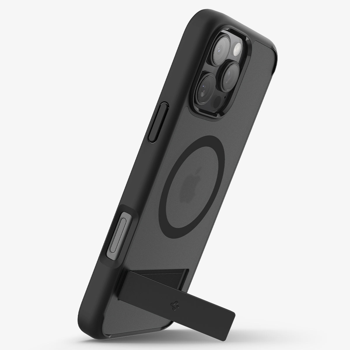 Spigen iPhone 16 Pro Ultra Hybrid S MagFit case in Frost Black - vertical kickstand viewing position