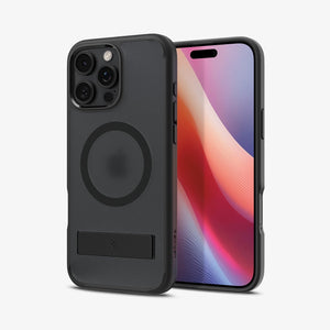 Spigen iPhone 16 Pro Ultra Hybrid S MagFit case in Frost Black - front and rear case view with phone