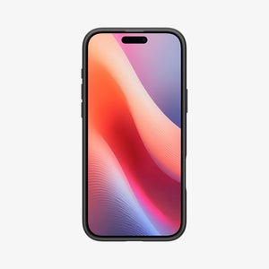 Spigen iPhone 16 Pro Ultra Hybrid S MagFit case in Frost Black - front phone view showing screen coverage