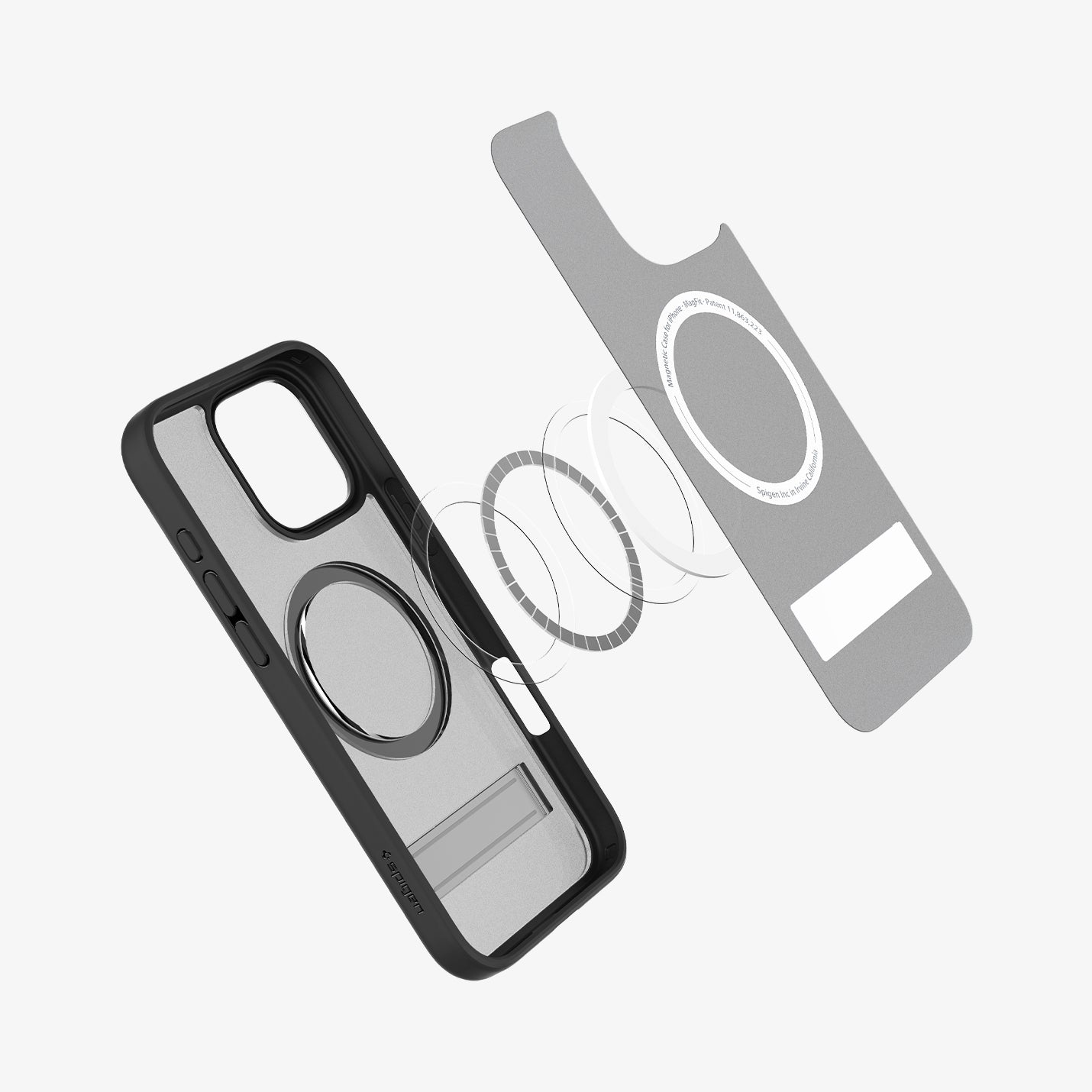 Spigen iPhone 16 Pro Ultra Hybrid S MagFit case in Frost Black - exploded case and magnetic construction