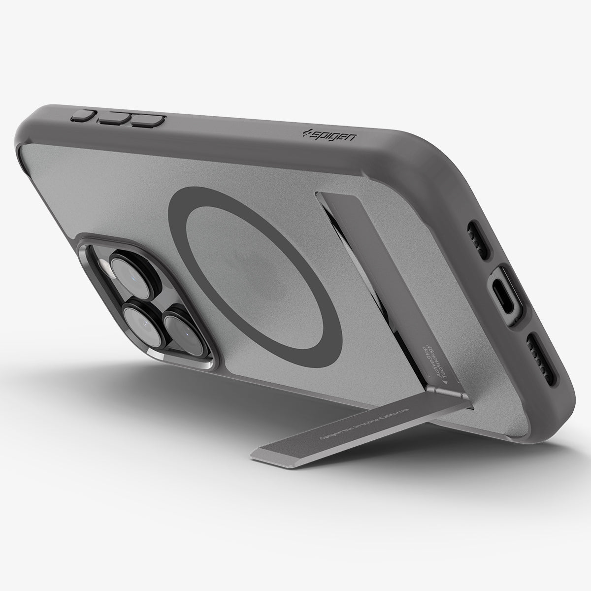 Spigen iPhone 16 Pro Ultra Hybrid S MagFit case in Frost Gray - angled kickstand viewing position