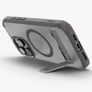 Spigen iPhone 16 Pro Ultra Hybrid S MagFit case in Frost Gray - angled kickstand viewing position