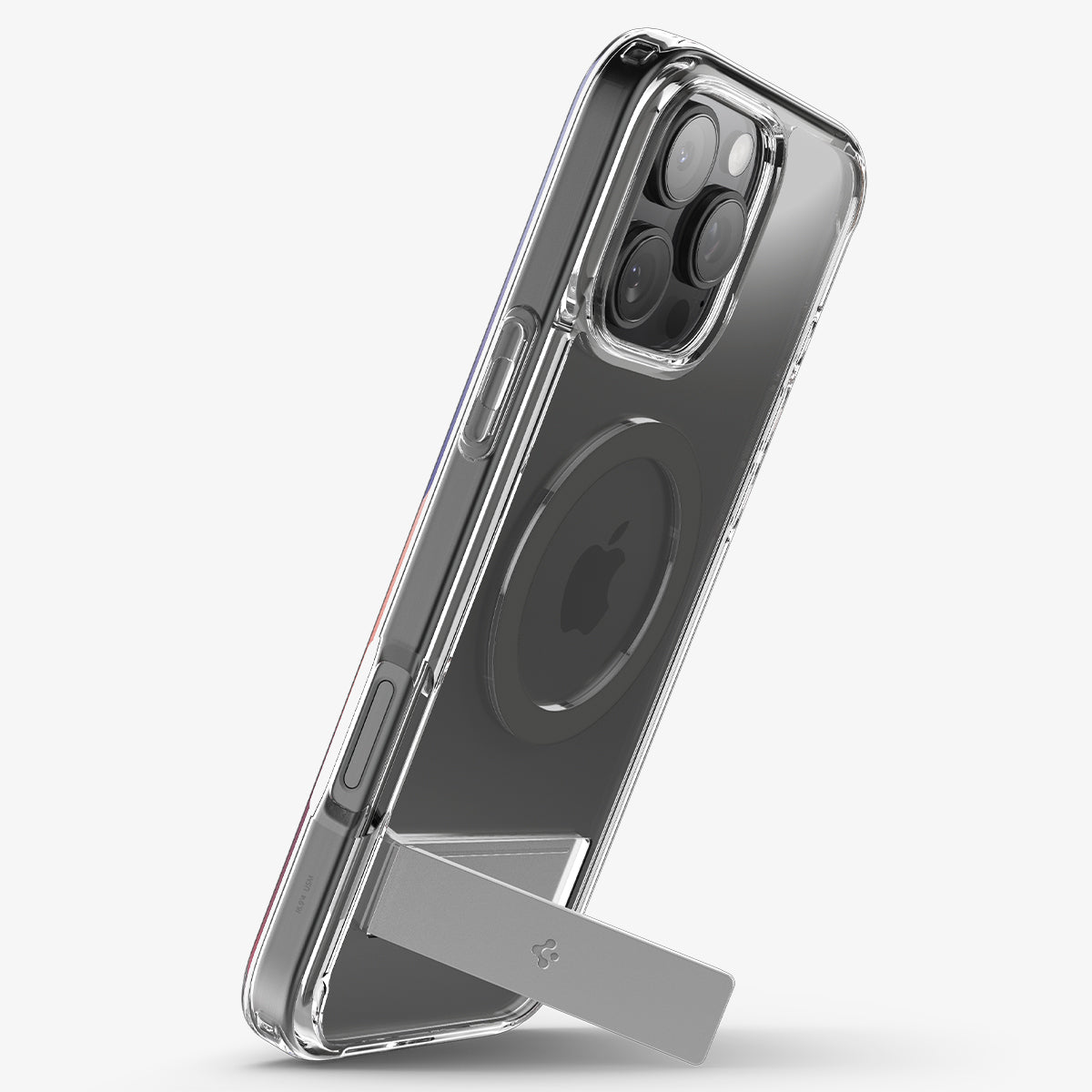 Spigen iPhone 16 Pro Ultra Hybrid S MagFit case in Graphite - vertical kickstand viewing position