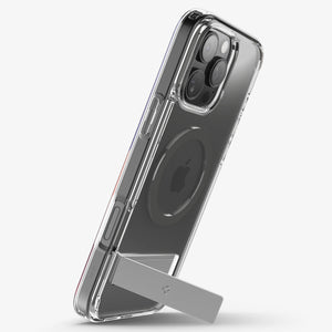 Spigen iPhone 16 Pro Ultra Hybrid S MagFit case in Graphite - vertical kickstand viewing position