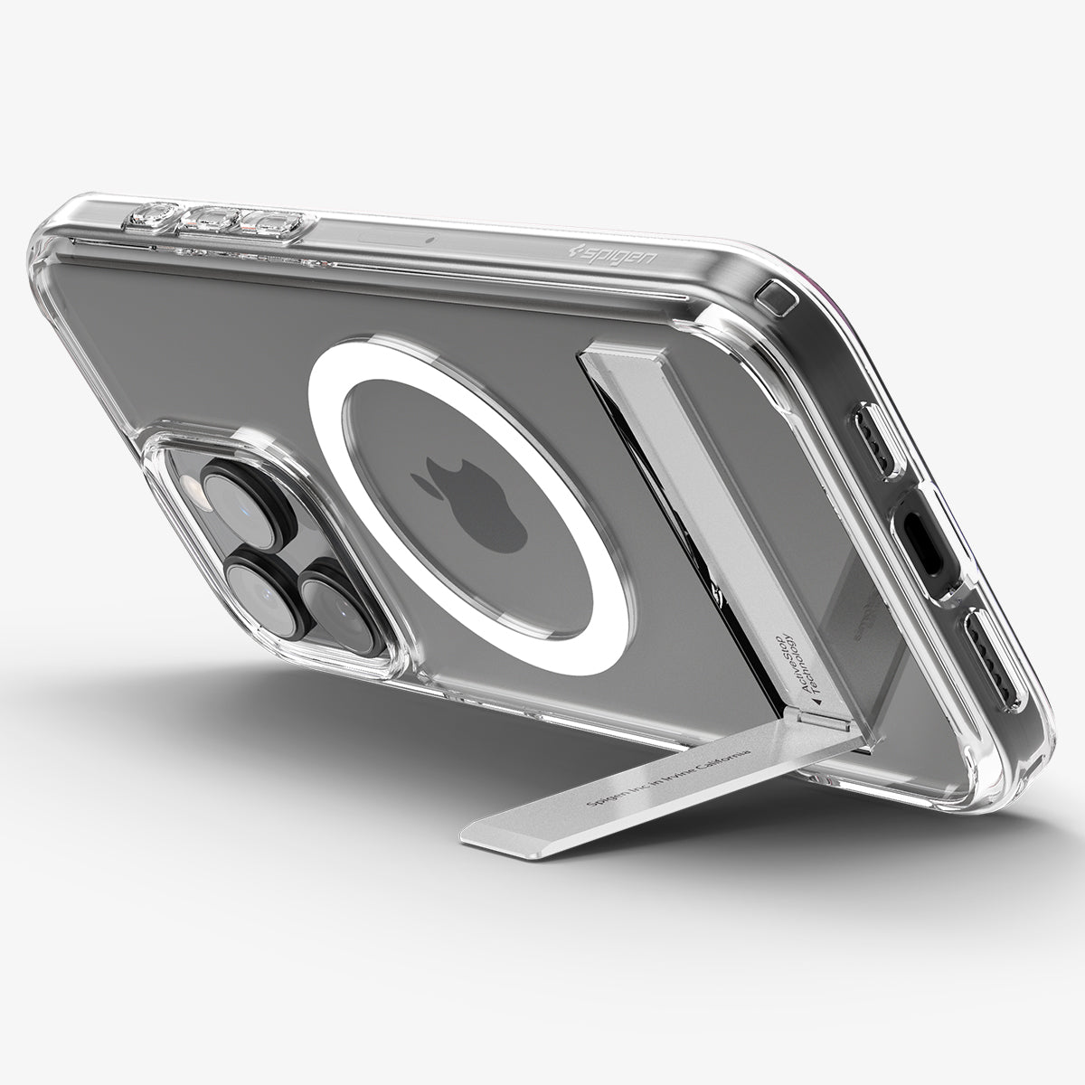 Spigen iPhone 16 Pro Ultra Hybrid S MagFit case in Crystal Clear - angled kickstand viewing position