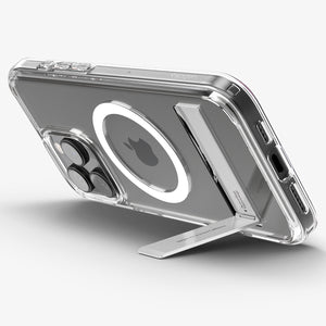 Spigen iPhone 16 Pro Ultra Hybrid S MagFit case in Crystal Clear - angled kickstand viewing position