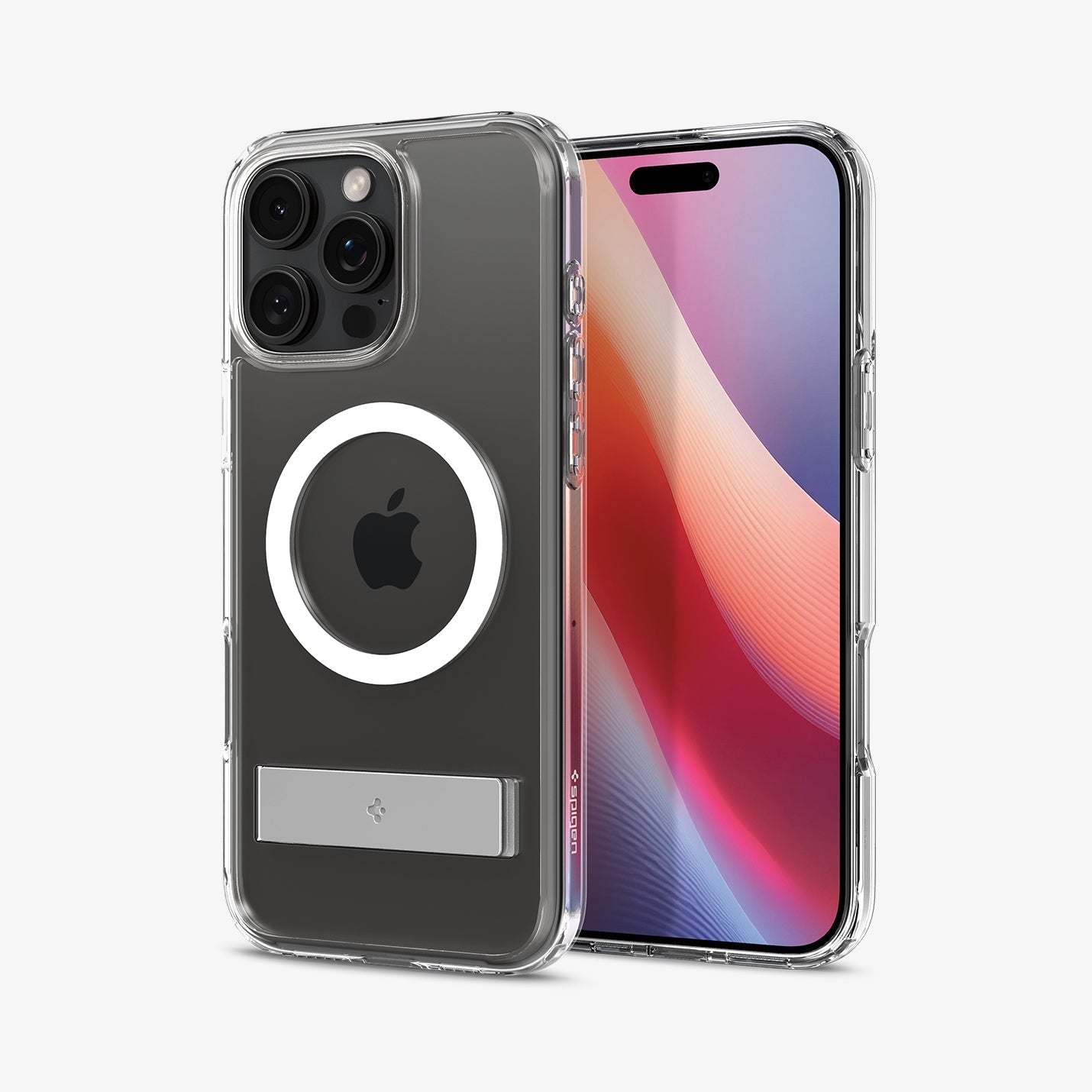 Spigen iPhone 16 Pro Ultra Hybrid S MagFit case in Crystal Clear - front and rear case view with phone