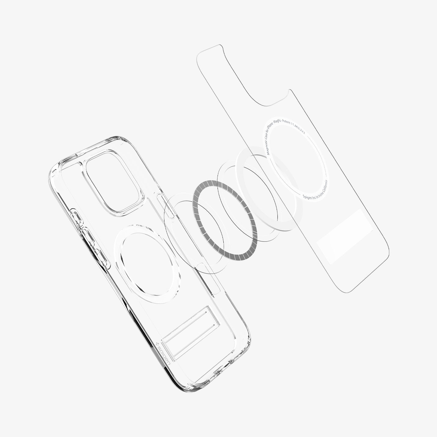 Spigen iPhone 16 Pro Ultra Hybrid S MagFit case in Crystal Clear - exploded case and magnetic construction